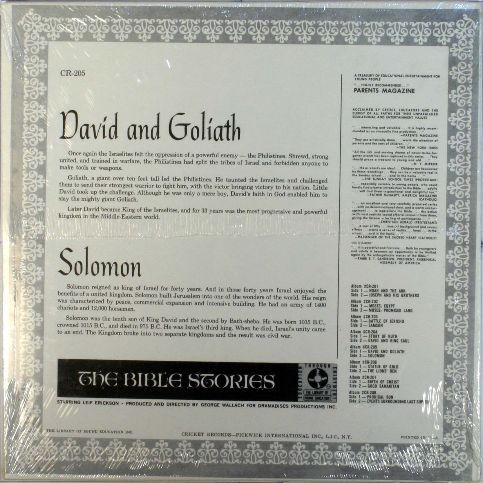 Leif Erickson Bible Stories Volume V David and Goliath/Solomon LP USA